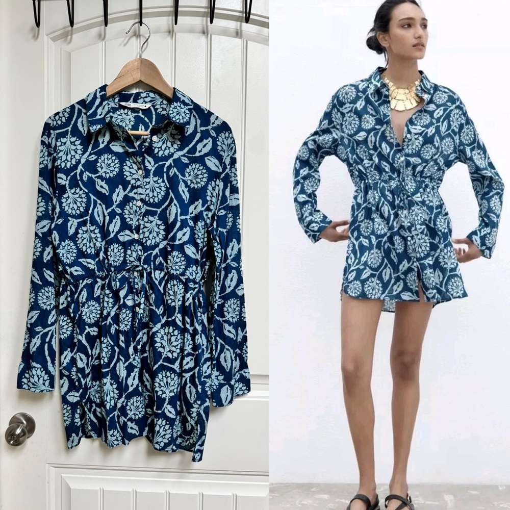 Zara Blue Batik Floral Print Longline Shirt with Tie Waist. Size S